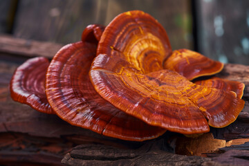 Red reishi Mushroom (Lingzhi) on wood.