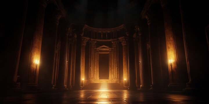 Interior hall with pillars, light, dark, classic, for historical or fantasy setting.