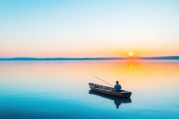 Obraz premium A Tranquil Scene of a Man in a Boat Gliding Across Calm Waters at Sunset Surrounded by Vibrant Colors of the Dusk Sky Reflecting on the Water