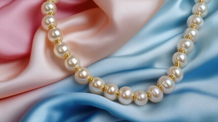A luxurious pearl necklace with gold accents, elegantly arranged on a soft pastel-colored fabric, overhead shot.