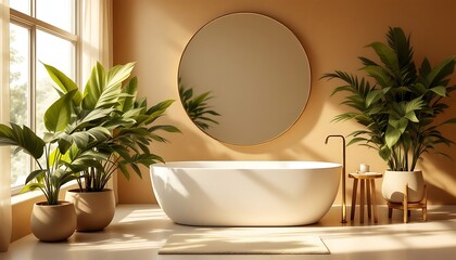 Modern Minimalist Bathroom Sunlight Plants Tub Mirror