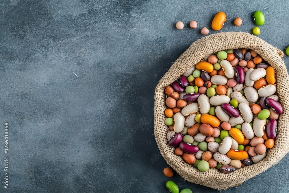 Aufkleber a rustic collection of freshly harvested beans in a natural sack against a dark background highlight