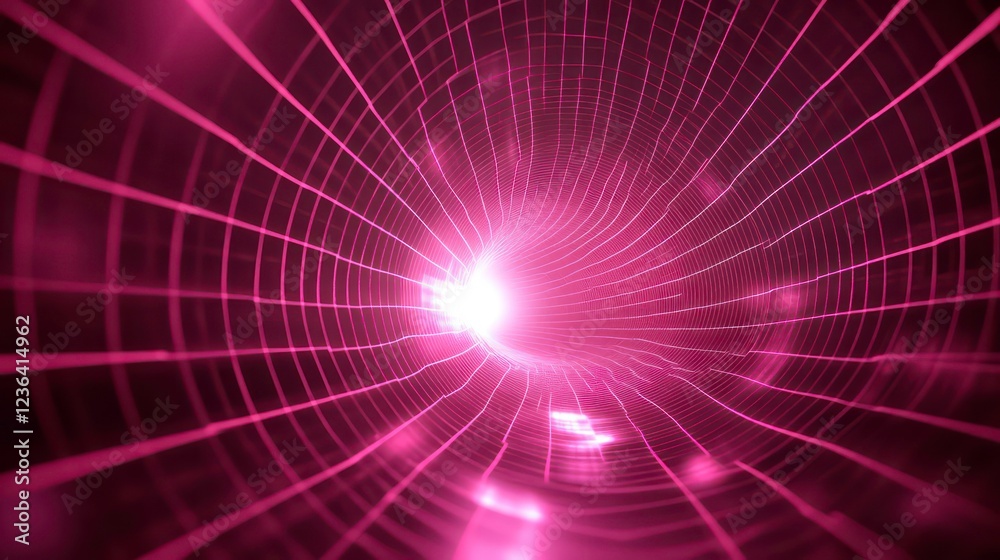Poster abstract pink grid tunnel with bright light at the end.