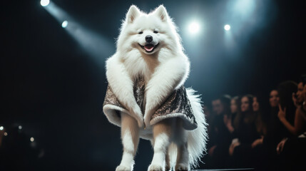 fluffy white Samoyed dog poses confidently on runway, showcasing its glamorous coat and playful demeanor. audience admires this charming canine star under bright lights