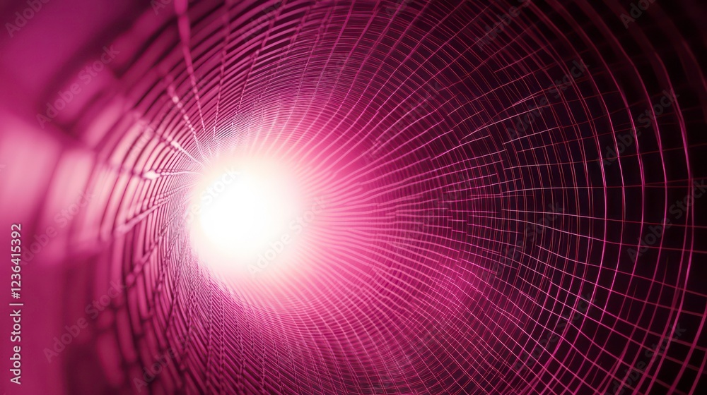 Poster abstract pink tunnel with light at the end, grid pattern, perspective.