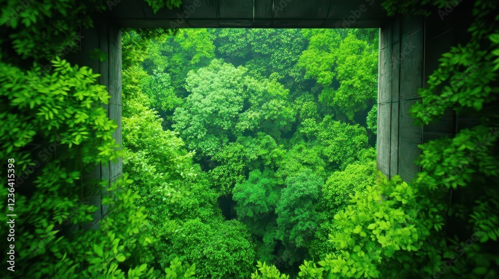 Poster Lush Green Forest Featuring a Unique Window Framed by Trees and Foliage Inviting Exploration and Connection with Nature in a Tranquil Atmosphere