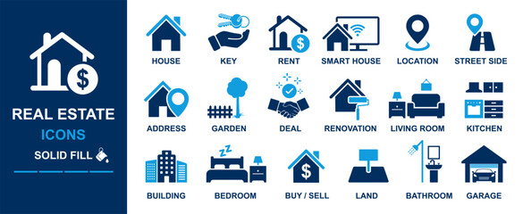 real estate icon set including key, rent, smart house, house, living room, location, garden, deal, renovation, living room, kitchen, building, buy, sell, land, bathroom, garage. two color solid fill