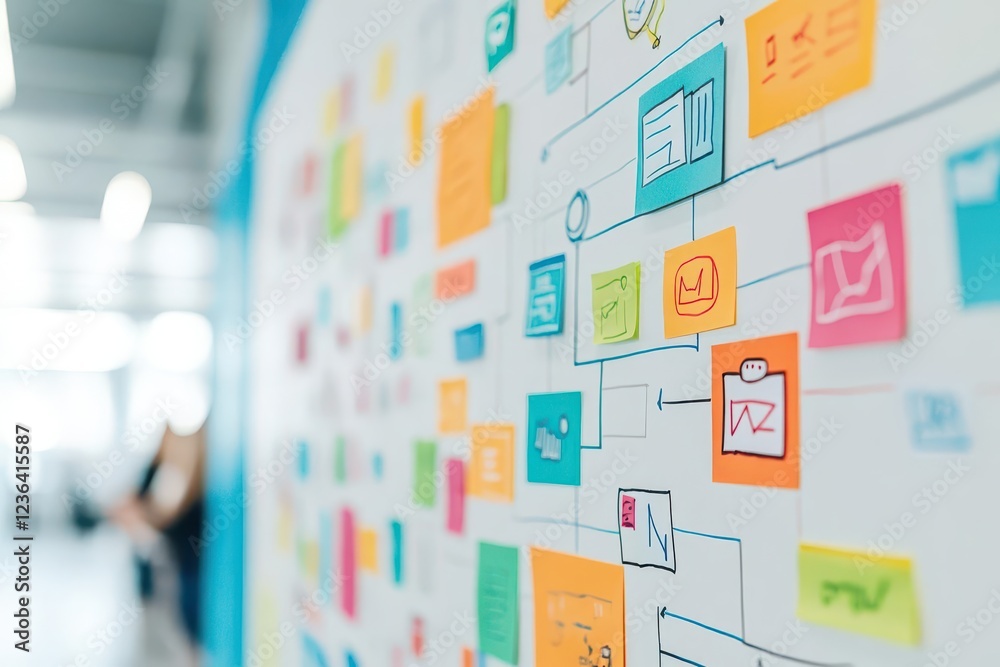 Poster Vibrant Wall Covered with Assorted Colorful Sticky Notes Creating a Dynamic and Creative Atmosphere in a Collaborative Workspace for Ideas