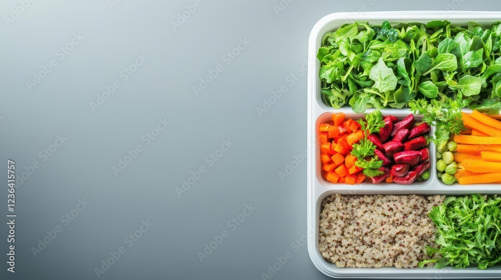 Poster A White Container Brimming with Fresh Vegetables and Whole Grains Displaying a Vibrant Array of Colors and Natural Textures in a Rustic Setting