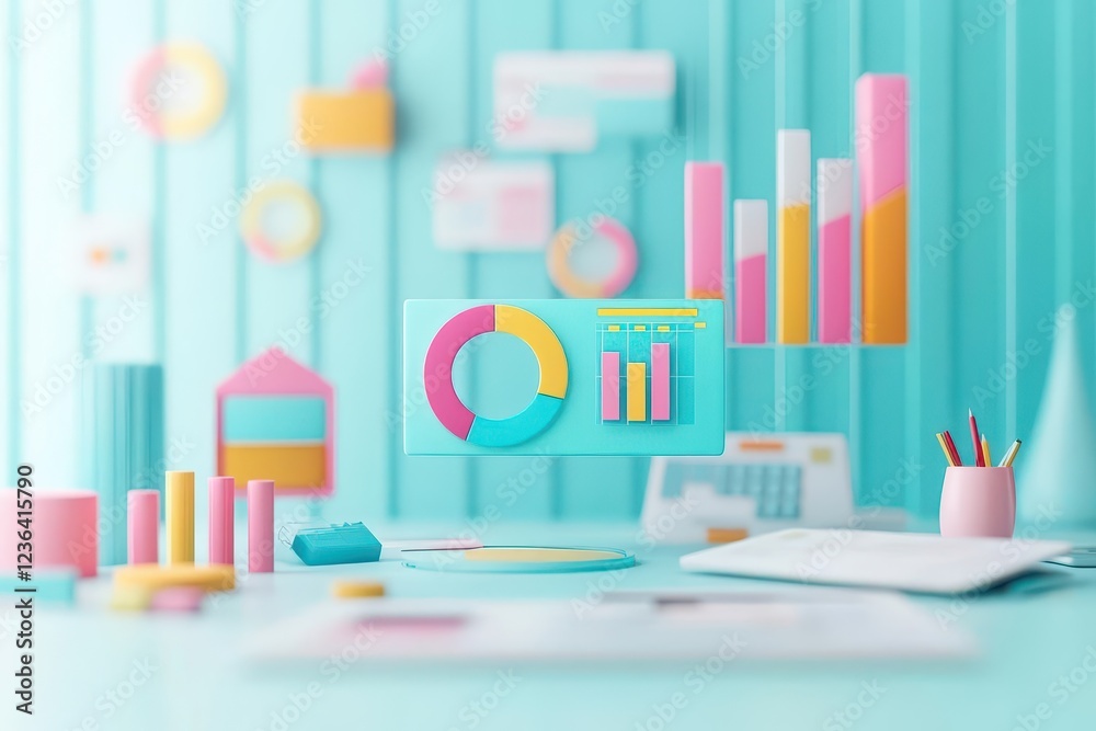 Aufkleber vibrant blue background accentuated by colorful geometric shapes and a clear white sign conveying an
