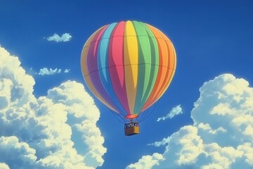 Fototapeta premium A colorful hot air balloon floating in the sky, with fluffy white clouds and blue skies in the background. The balloon is striped in a rainbow of colors.