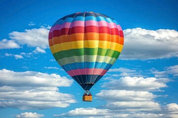 Obraz premium A colorful hot air balloon floating in the sky, with fluffy white clouds and blue skies in the background. The balloon is striped in a rainbow of colors.