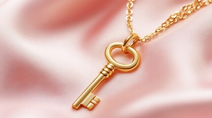 A romantic gold key pendant necklace displayed on soft, light pink fabric, elegance and charm, top-down shot.