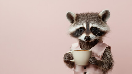 mischievous raccoon wearing pink vest holds cup, exuding charm and curiosity. This adorable creature captures attention with its playful demeanor and expressive eyes