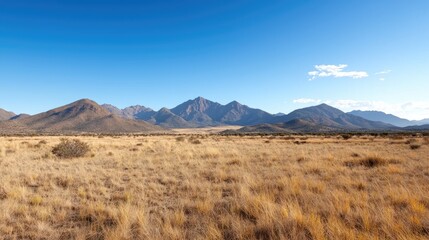 Fototapeta premium Dry grassland, mountain range backdrop, sunny day, travel destination