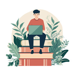 Student Sitting on a Stack of Books with a Laptop – Flat Illustration 