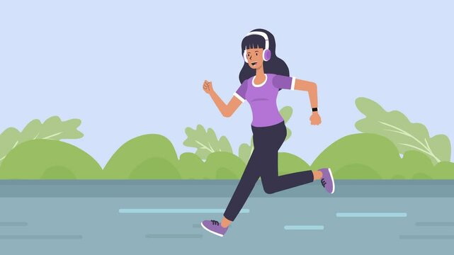 Girl Teenage Jogging Running On Park Wearing HeadPhone with Smartwatch 2D Animation Seamless Loop 4k
