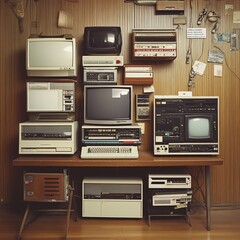Fototapeta premium A vintage collection of retro electronics stacked on a wooden table and wall in a room