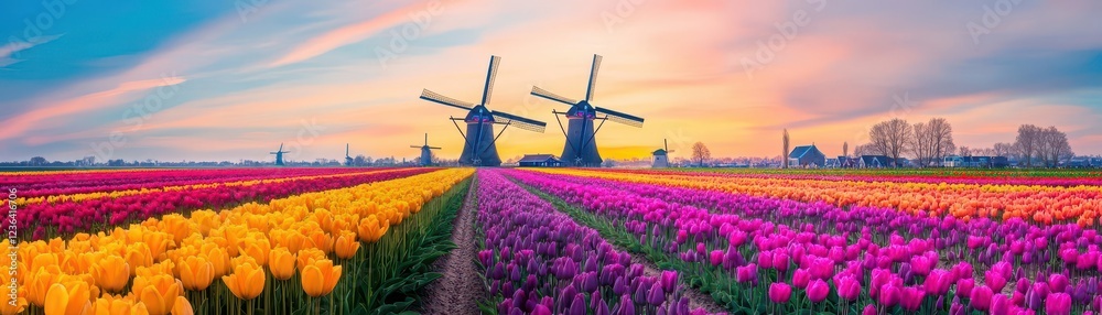 Poster vibrant field of colorful tulips under a bright blue sky with a rustic windmill in the background cr