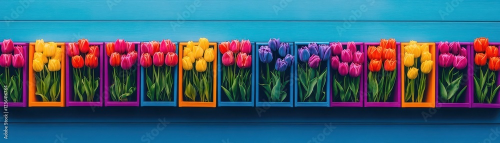 Poster vibrant field of colorful tulips flourishing against a bright blue sky creating a joyful and cheerfu