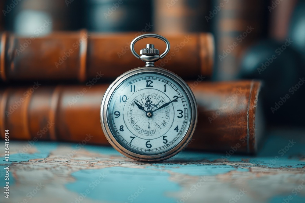 Poster elegant antique pocket watch resting on a vintage book surrounded by soft light creating a timeless 