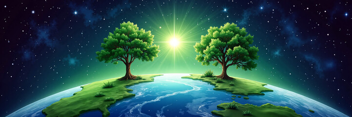 Fototapeta premium Two trees on glowing Earth under a starry sky 