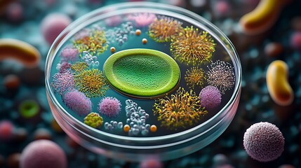 Highly detailed petri dish with colorful microscopic organisms and bacteria cultures.