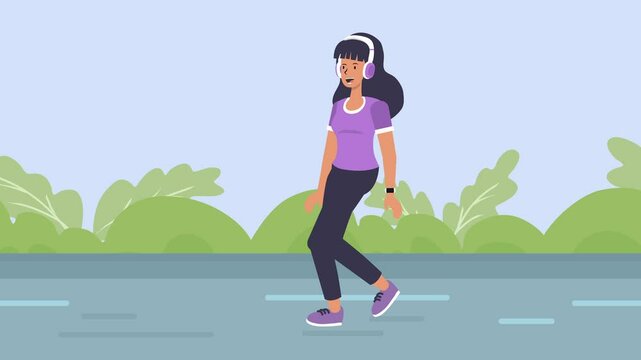 Girl Teenage Walking  On Park Wearing HeadPhone with Smartwatch 2D Animation Seamless Loop 4k