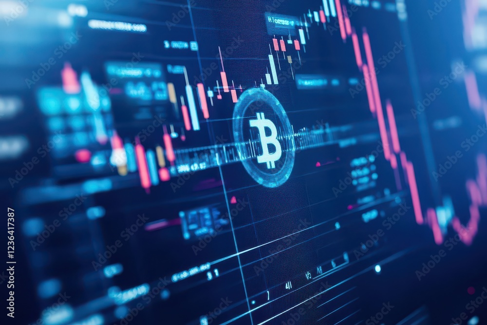 Poster Illuminated Bitcoin on a Digital Screen Displaying Cryptocurrency Trends in a Modern Tech Environment Reflecting Innovation and Finance Future