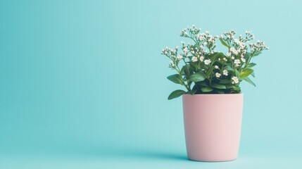Photograph of a pink ceramic pot with green leaves and small flowers on a light blue background, symbolizing growth in business. 
