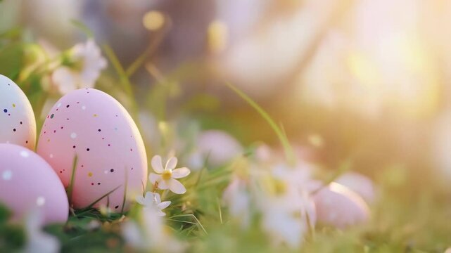 Easter eggs hiding in green grass on blurred natural background. Sunny Easter landscape. Light pastel colors. Spring background with copy space