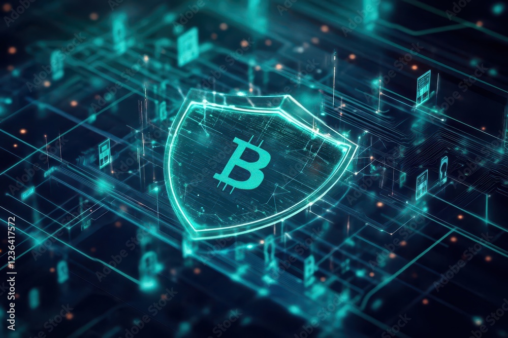 Poster Bitcoin Illuminated on a Complex Digital Circuit Board Representing Modern Technology and Cryptocurrency in a Futuristic Financial Landscape