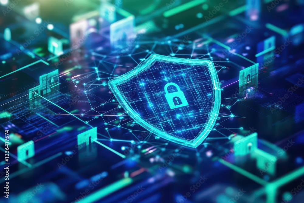 Poster Vibrant Blue Shield Featuring a Secure Lock Symbolizing Protection Safety and Security in a Modern Digital Age Evoking Trust and Reliability