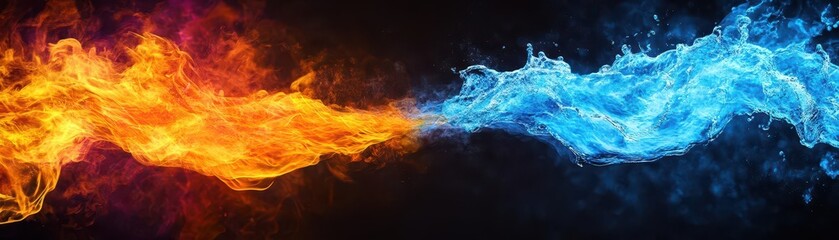 Fototapeta premium Dynamic and Vivid Clash of Fire and Water Splashes Creating a Powerful Visual Contrast Against a Dark Background Evoking Energy and Motion