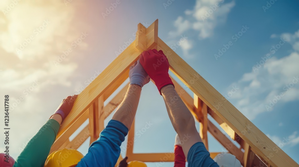 Poster Dedicated Team Working Together to Construct a New Home with Tools and Materials in a Bright and Cheerful Outdoor Environment under Clear Sky
