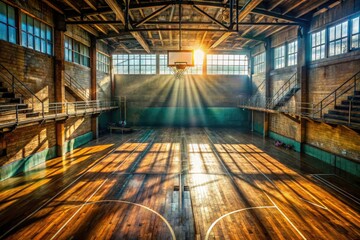 Fototapeta premium Abandoned gymnasium: bleachers, basketball hoop, a poignant photographic testament to decay.