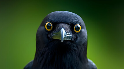 Fototapeta premium Black bird with striking yellow eyes stares directly at the camera against a soft green background.
