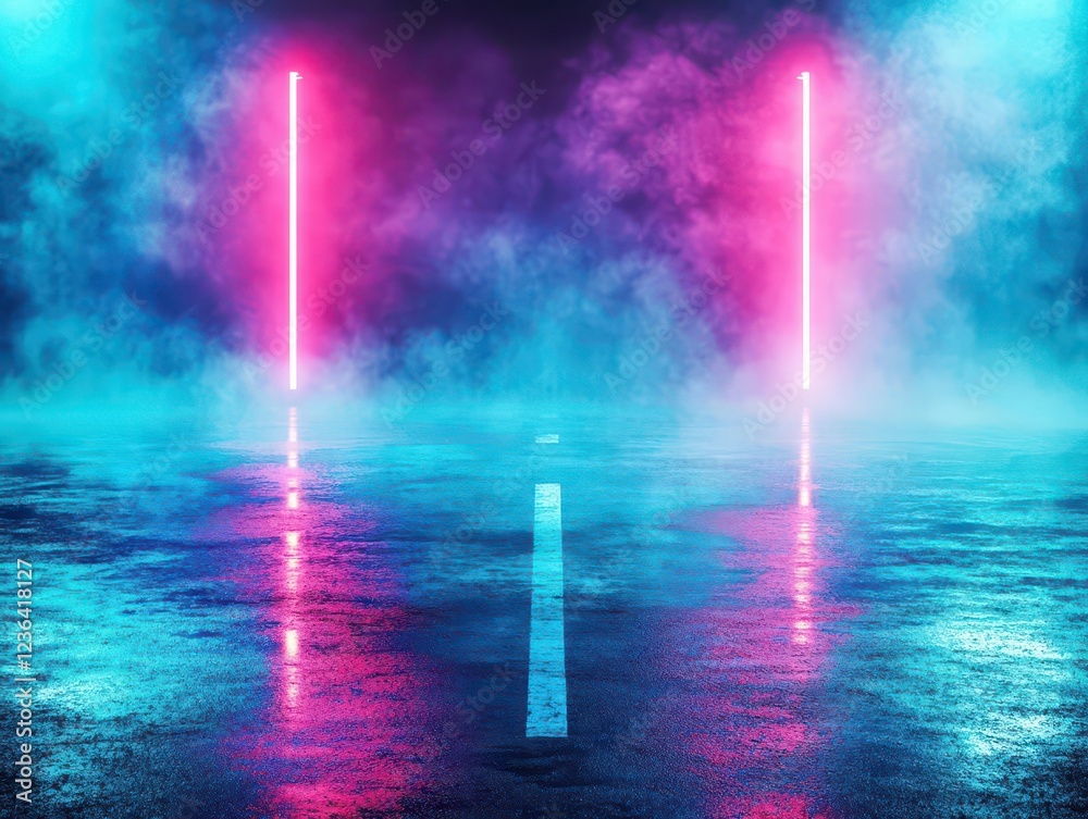 Aufkleber mysterious dark parking lot illuminated by two vibrant neon lights creating an eerie yet intriguing 