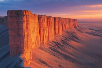 Majestic red cliffs bathed in warm sunset light over a desert landscape in remote wilderness