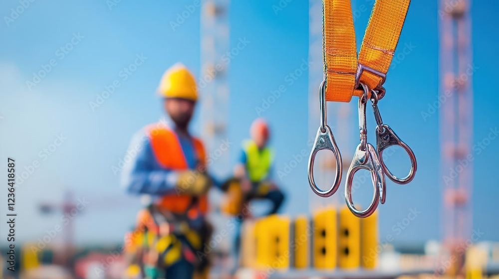 Aufkleber Construction Worker in Hard Hat and Safety Vest Confidently Holding Scissors for Project Preparation in a Busy Urban Environment Setting