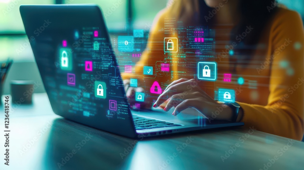 Poster focused woman engaged in work on laptop with security lock icon displayed on screen highlighting imp