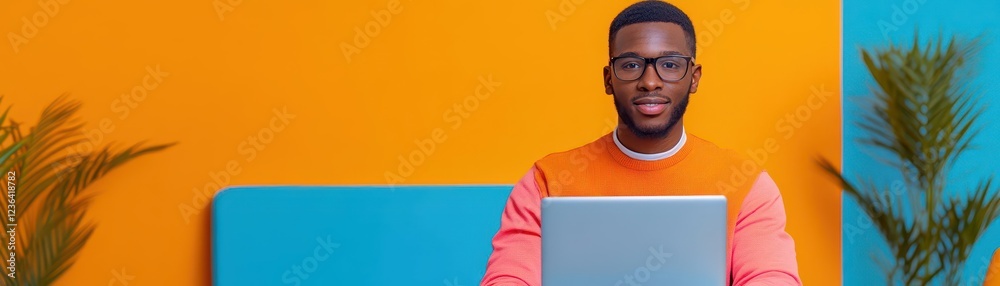 Poster focused man in glasses working at modern desk with laptop surrounded by books and notebooks in a bri