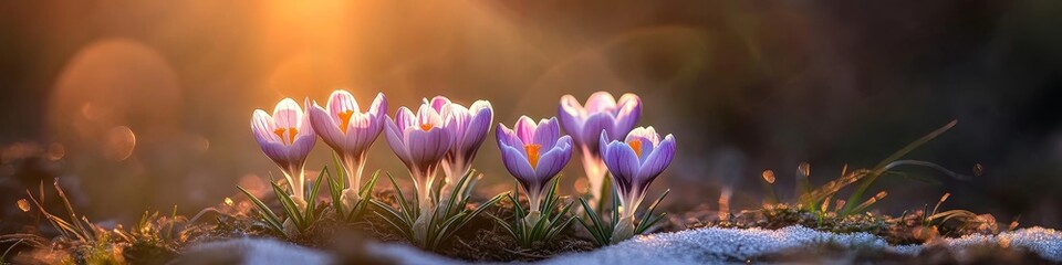Fototapeta premium Purple and White Crocuses Emerge Through the Last Snow of Winter, Signalling Spring s Arrival