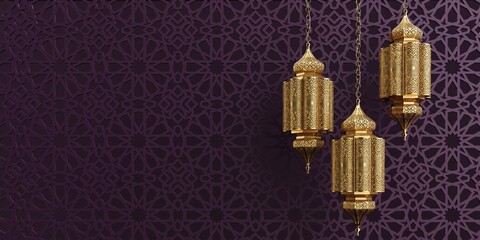Golden Arabic lanterns on a decorative podium with intricate geometric pattern - 3d render. Luxurious and elegant setup, perfect for Ramadan, product display, and festive themes.