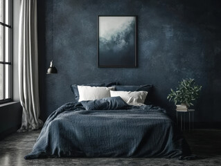 Luxury dark blue bedroom interior with elegant furnishings and moody ambiance.