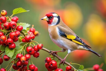 A beautiful goldfinch perched on a hawthorn branch, enjoying its bounty.