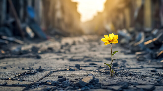 Yellow flower blooming amidst rubble in war torn city at sunset