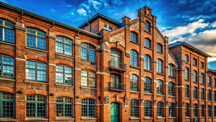 Fototapeta premium A beautifully restored Ehrenfeld brick facade tells the story of 19th-century German industrial architecture.