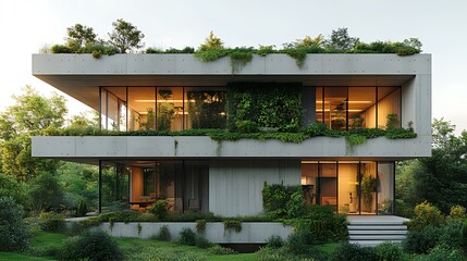 Fototapeta premium Modern eco-friendly house with green roof and walls, nestled in lush greenery.