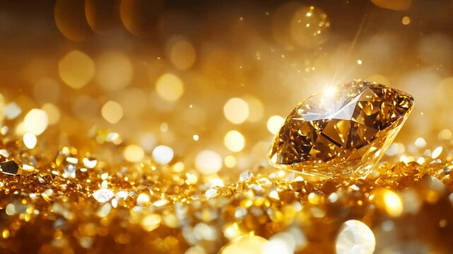 Closeup of Sparkling Zircon Gemstone on Golden Glitter